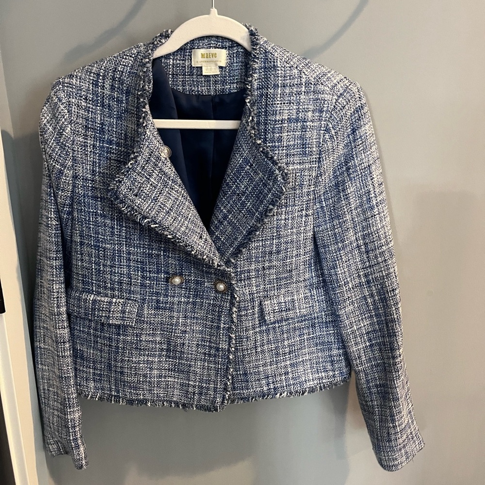 Maeve Navy and White Tweed Cropped Blazer